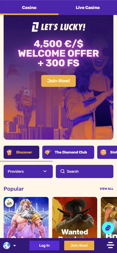 Lets Lucky Casino mobile games area with casino categories