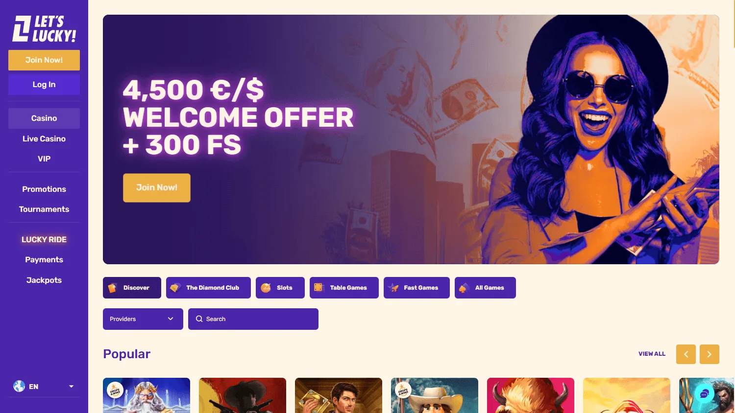 Lets Lucky Casino desktop games area with casino categories and titles