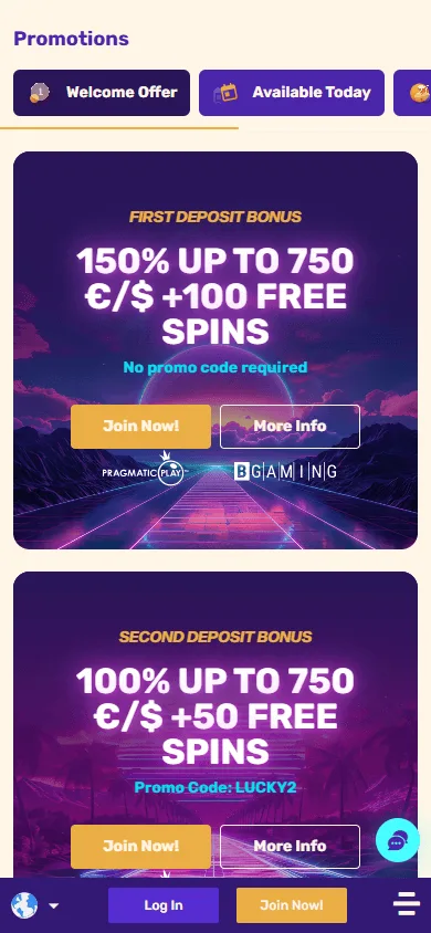 Lets Lucky Casino mobile promotions area with available casino offers