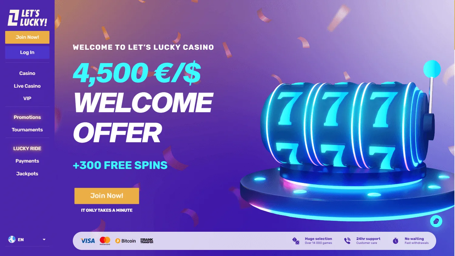 Lets Lucky Casino desktop home interface with casino content and promotional information