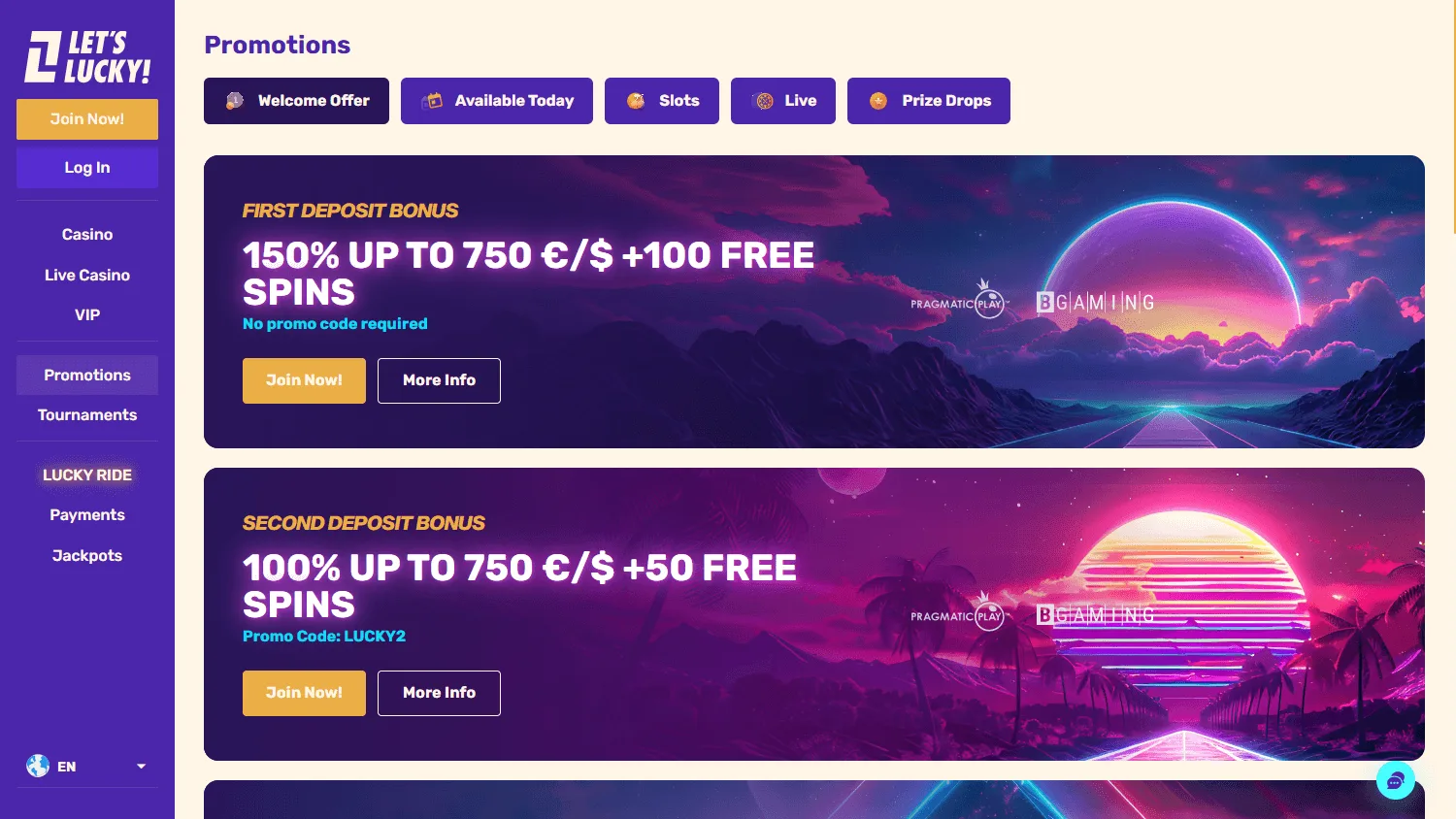 Lets Lucky Casino desktop promotions area with bonus and free spin offers